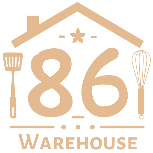 A picture of the kitchen storefront Warehouse 86's logo featuring the shapes of a whisk, spatula, a roof clip art and text